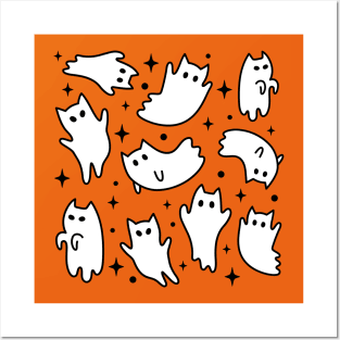 Cute Kawaii Ghost Cats Halloween Orange Posters and Art